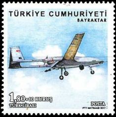 Bayraktar TB2 unmanned aerial vehicle on stamp of Turkey 2017
